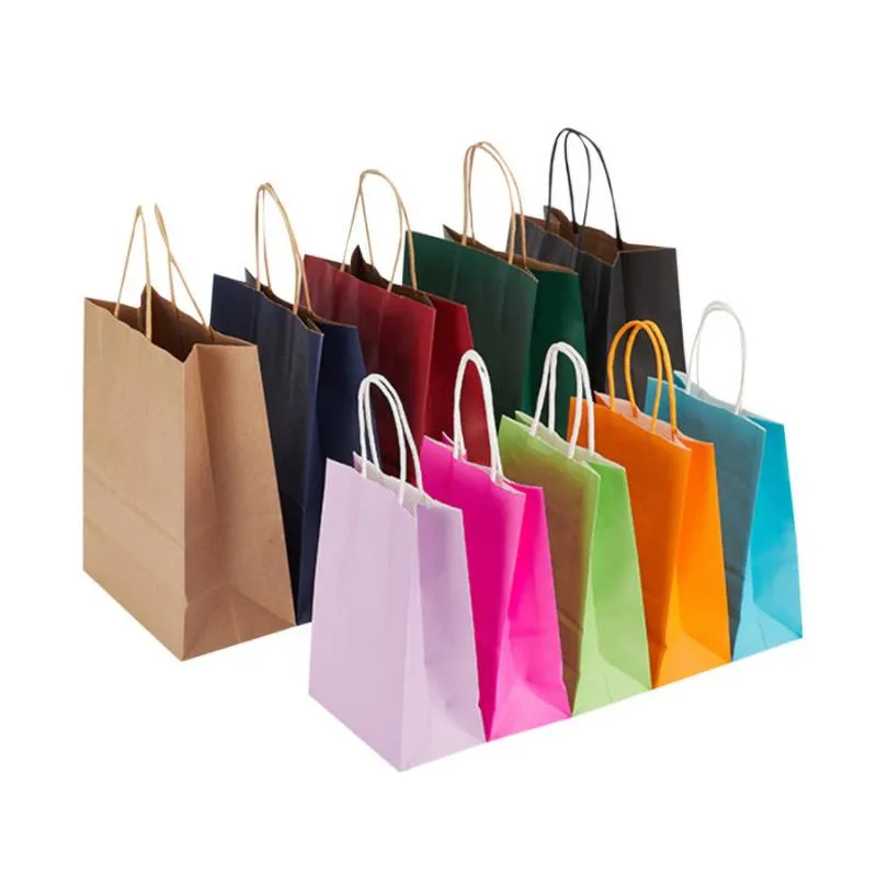 Emballage cadeau 10-20 pièces sacs en papier Kraft avec poignée couleur unie pour magasin vêtements fournitures de fête de mariage de noël et sacs à main