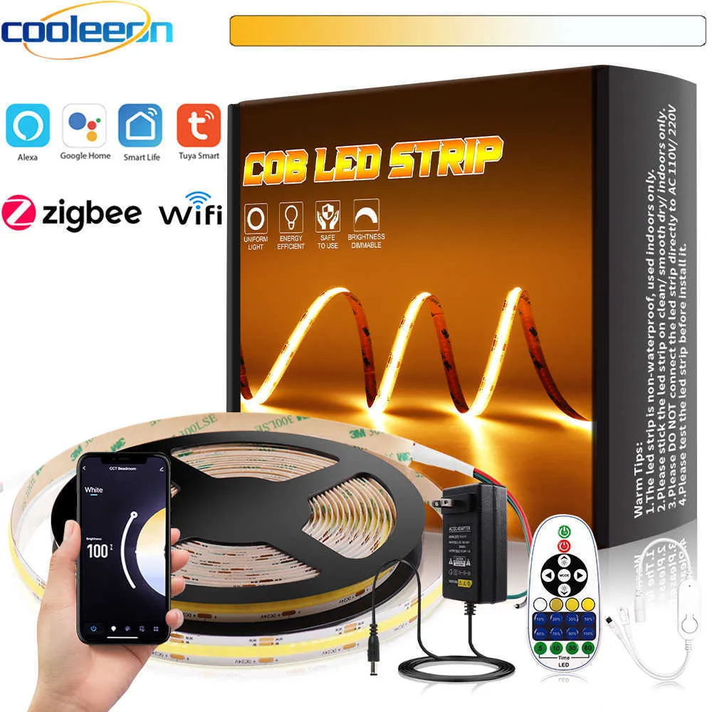 LED-remsor Tuya Zigbee WiFi CCT COB LED Strip Light Kit 2700-6500K Färgtemperatur Dimble stöder Alexa Google SmartThings Room Decor P230315