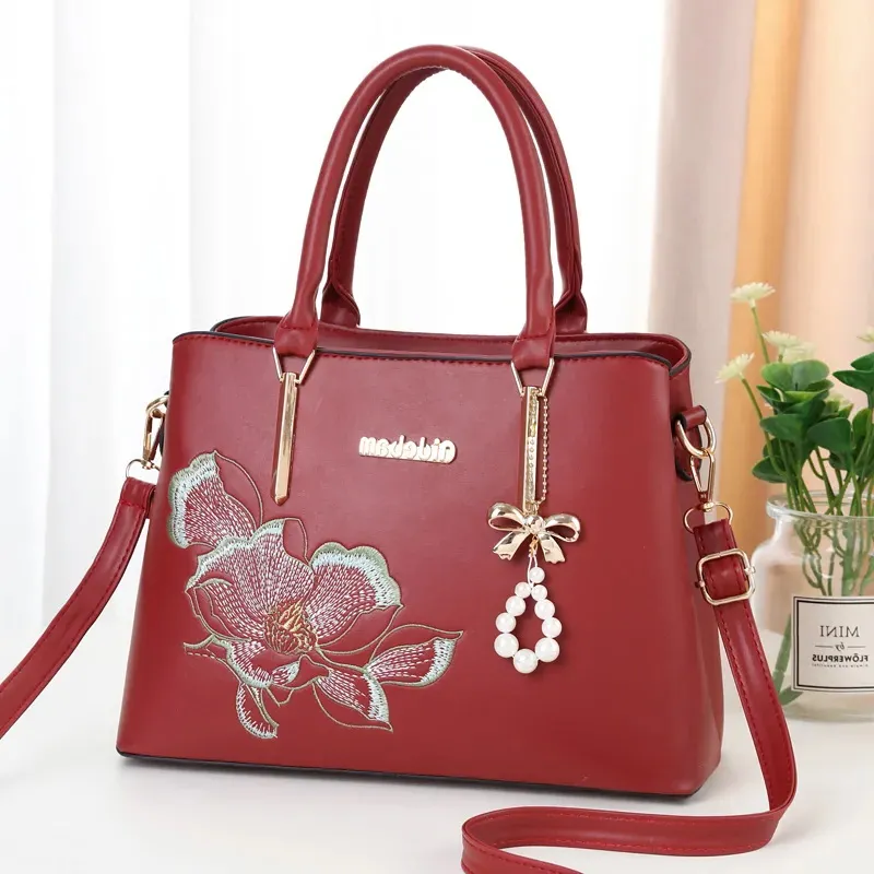 Neue Dame Handtasche Stickerei Damen Totes Bag Mamas große Kapazität Einfache und modische Mamas Umhängetasche Koreanische Version Damen Geldbörse jiu hong se