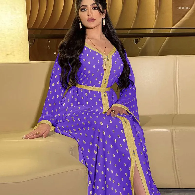 Etnische kleding Dot Stamping Elegante moslim Dubai Maxi -jurk Twee stukken Zet lange mouwen open ABaya Inner Sash Middle East Robe Jalabia