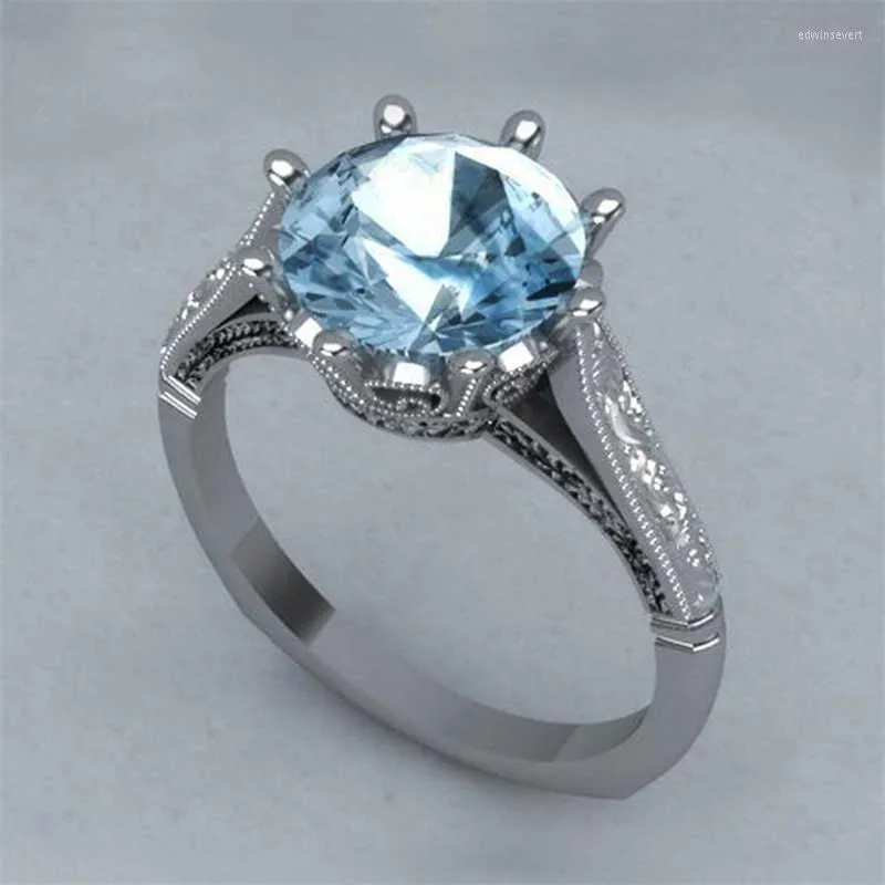 Anéis de casamento Fashion Cut Blue Round Ring for Women Tamanho do engajamento 6-10 EDWI22