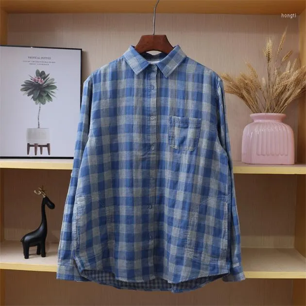 Kadın Bluzları Ekose Kadın Gömlek Coton Uzun Kollu 2023 Sonbahar Bahar Retro Hardigan Mori Kızı Gevşek Günlük Temel