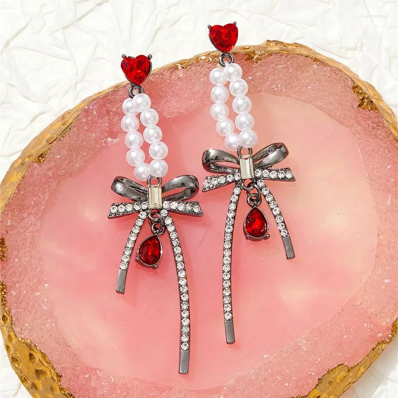 Dangle Earrings Mwsonya Fashion Rhinestone Bowbnot For Women Red Love Heart Pearl Long Korean Jewelry Gigt