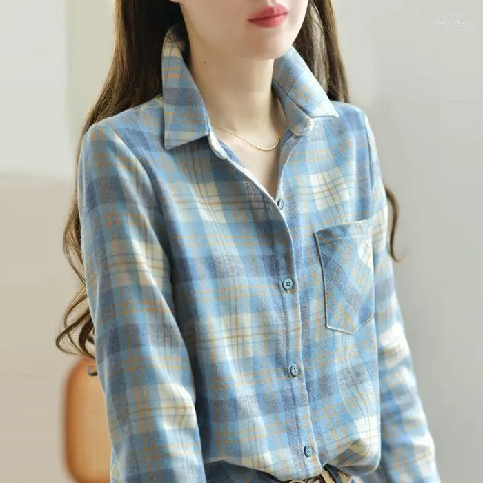 Women's Blouses Women Elegant Long Sleeve Buttons Shirts Female Casual Spring Autumn Ladies Blouse Work Plaid Pockets Tops A10