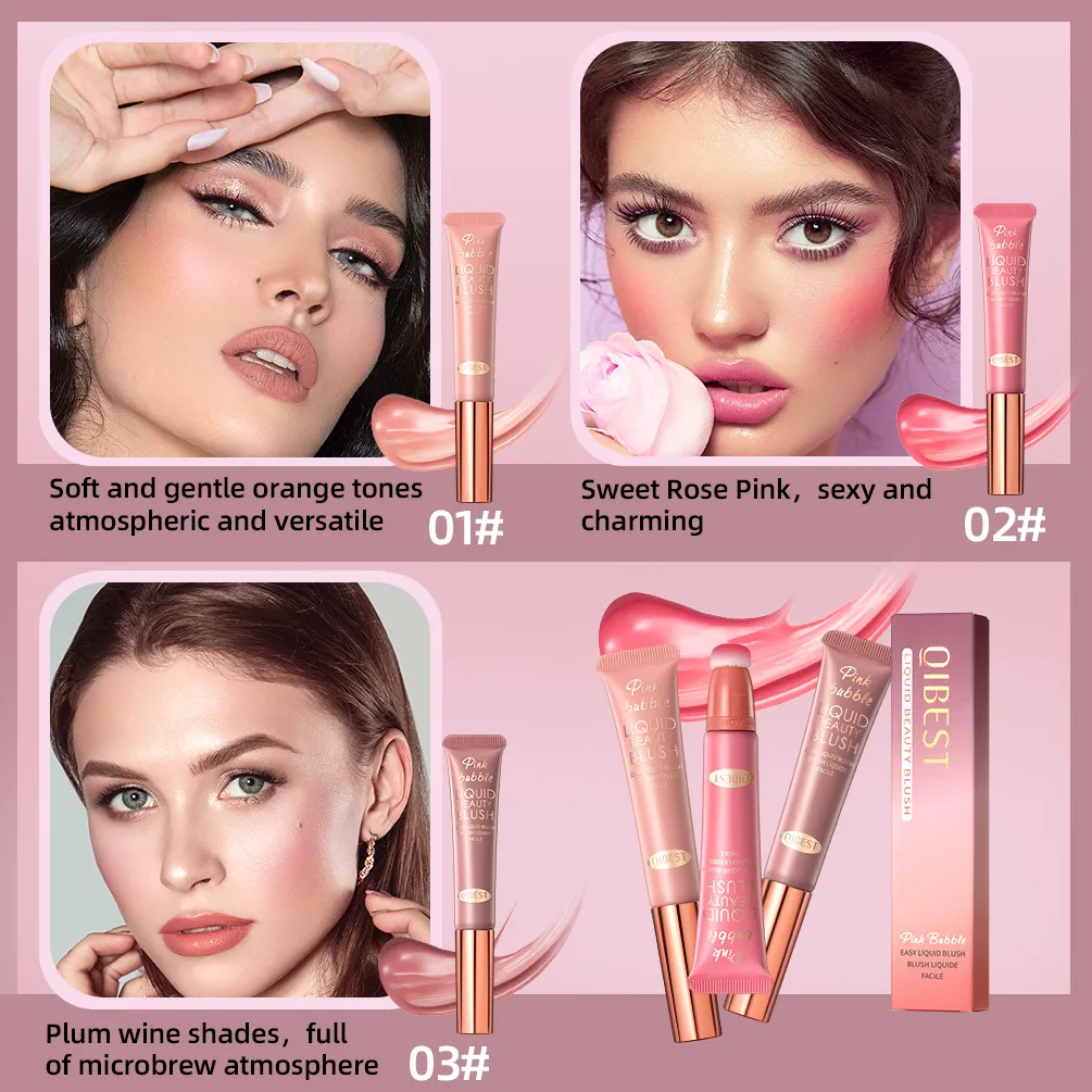 NEW QIBEST Face Blush Liquid Contour With Cushion Applicator Natural Shimmer Finish Moisturizing Creamy Soft Liquid Blush For Cheeks Highlight