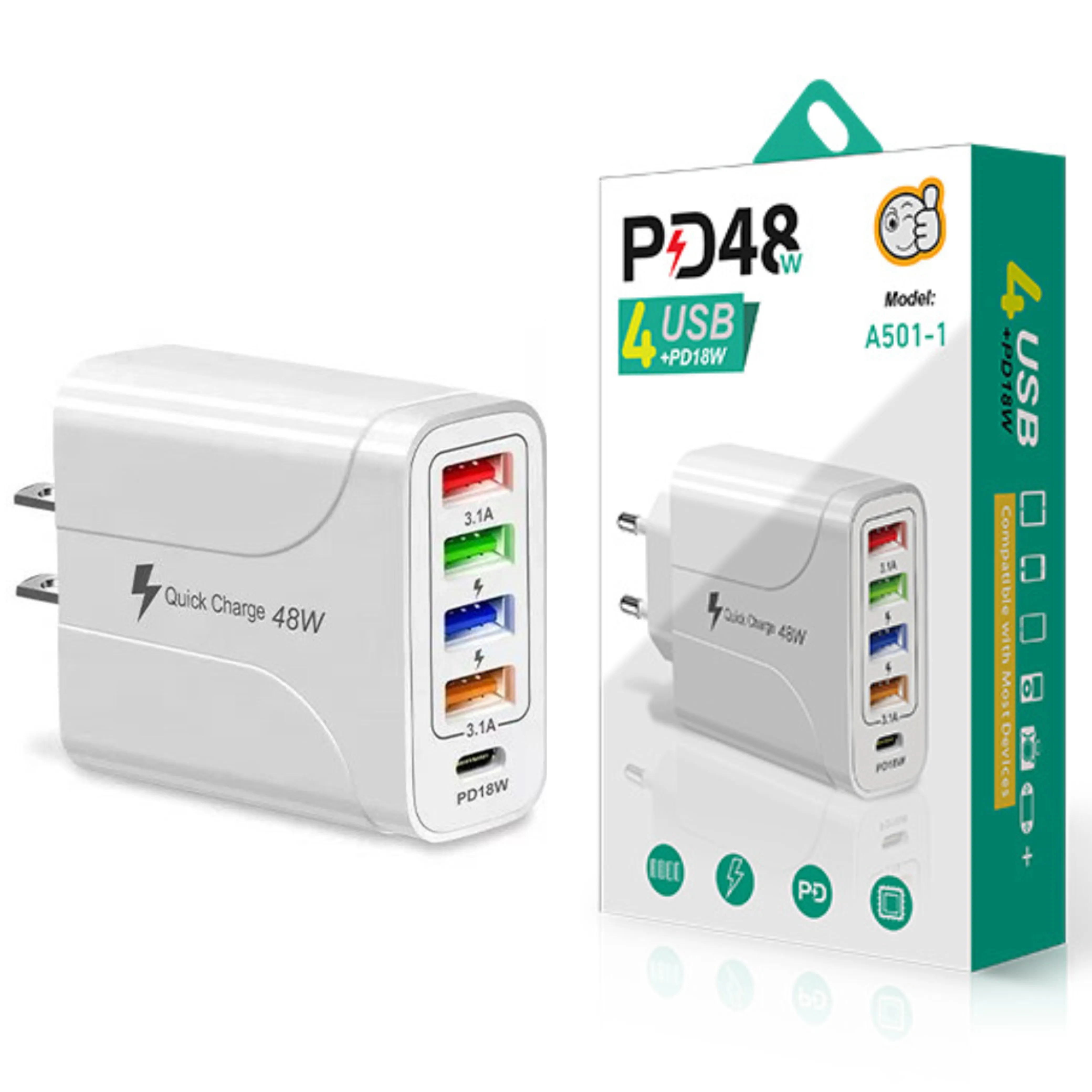 5 puertos 48W Cargador QC3.0 PD 18W Cargador rápido 4USB 3.1A Adaptador de corriente de carga rápida Cargador USB para iPhone 11 12 Samsung Huawei xiaomi con caja al por menor