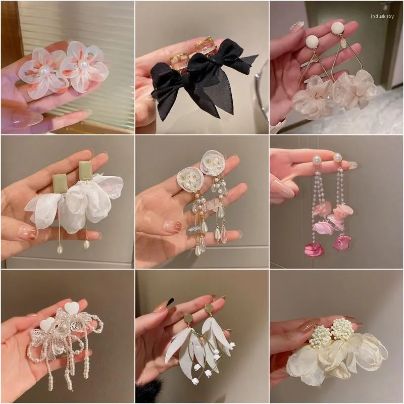 Dangle Earrings 2023 Elegant White Black Cloth Flower Bow For Women Statement Jewelry Handmade Pearl Crystal Tassel Pendientes