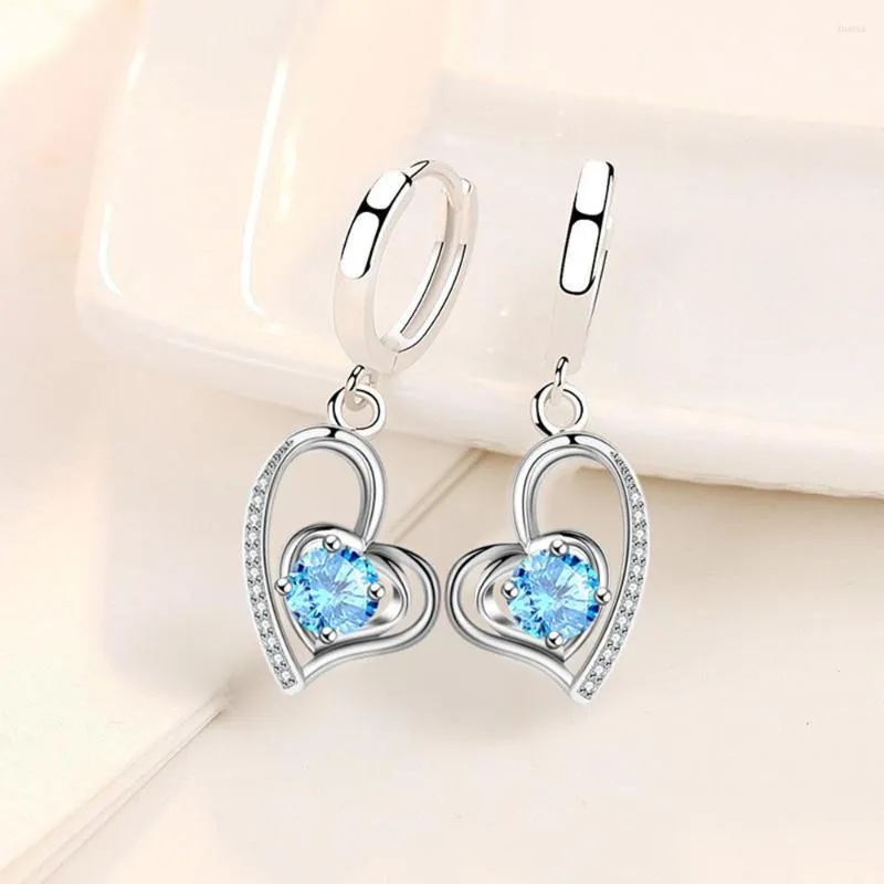 Boucles d'oreilles pendantes en gros S925 en argent Sterling femmes bijoux de mode de haute qualité bleu rose cristal Zircon coeur amour vente