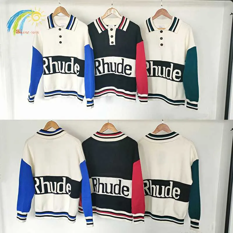 Blue White Colorblock Jacquard Knitted Sweatshirts Men Women High Quality Casual Button Lapel Sweater Pullover