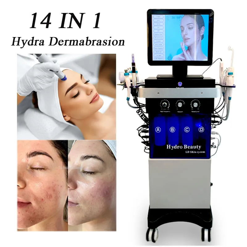 Professaional Hydro Skin Facial Microdermabrasion Machine 14 in 1 Skin Lifting High Frequency Ultrasound BIO Water Dermabrasion Moisturizer Machine
