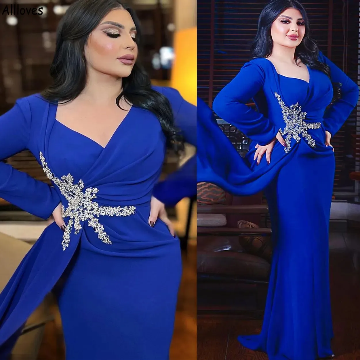 Turkish Dubai Saudi Arabia Prom Dresses Royal Blue V Neck Applique Beaded Special Occaion Evening Gowns With Peplum Long Sleeves Plus Size Women Formal Wear CL2031