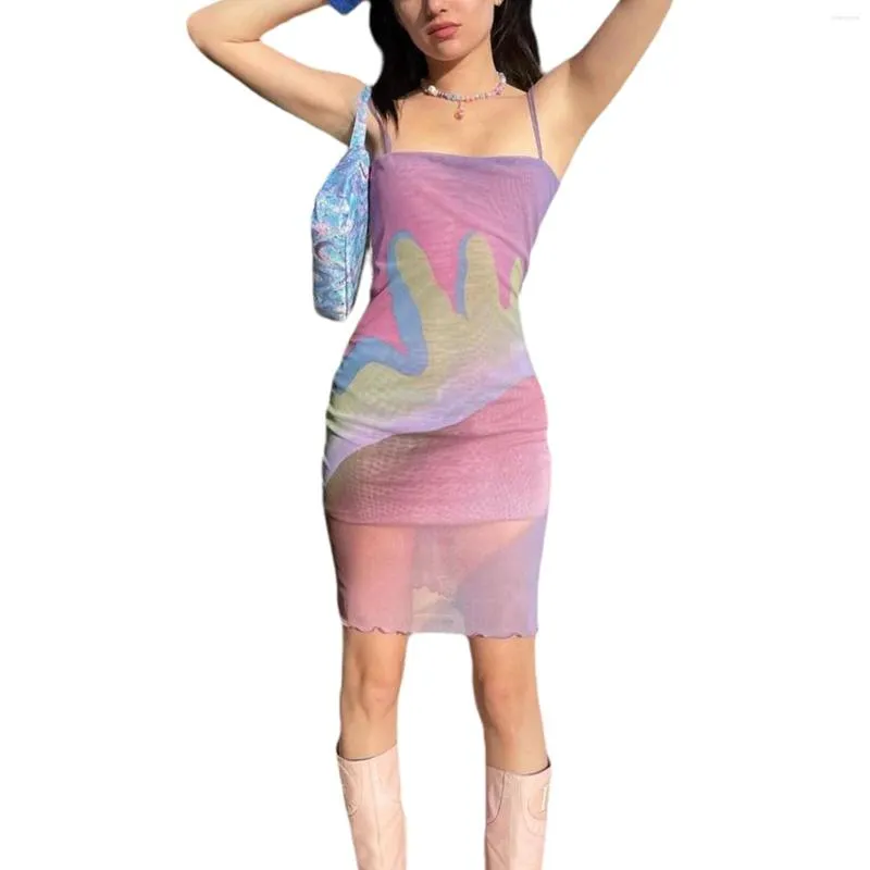 Повседневные платья 2023 Сексуальные бодикон -каминовые платья женская мода -модная рукавица спагетти ремешок абстрактный печать сетка обратимой камизол