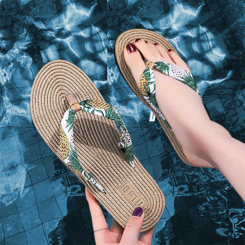 Slippels Women Fashion Slides Dames bloemen Geïemiteerde stro flip flip flops Outdoor Sweet non-slip sandalen Hennep touw Espadrille Beach schoenen Z0317