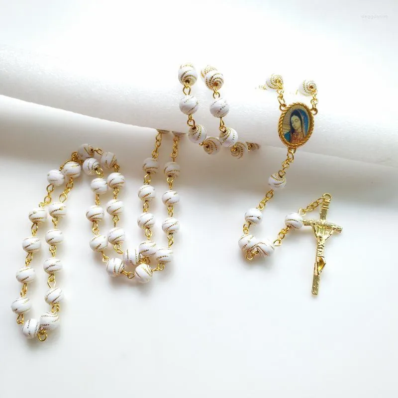 Naszyjniki wisianta Cottvocatolic biały akrylowy różaniec łańcuch łańcuch naszyjnik krucyfiks Jezus cross maria kobiety dar biżuterii