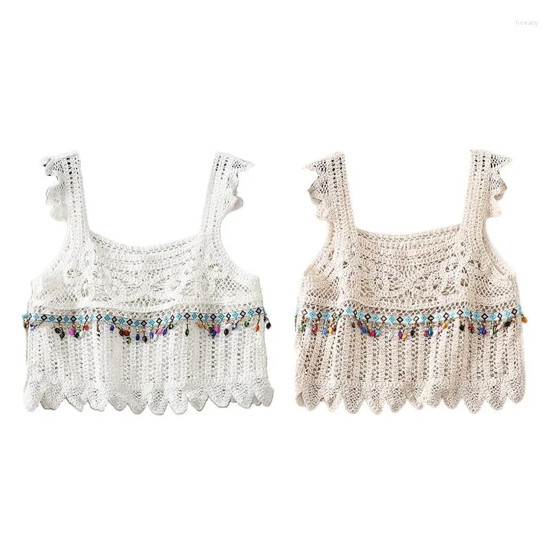 Tanques femininos feminino praia plufle rufla sem mangas colheita top boho hollow crochet malha quadrado pescoço camisole cristal sismated tassel coletes