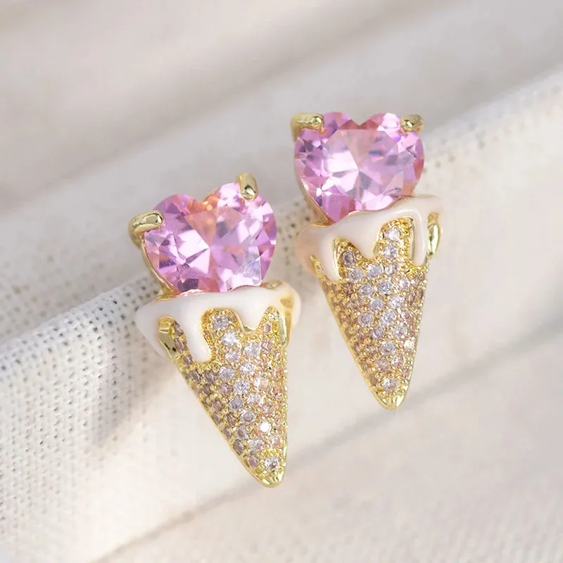 AFSHOR Charm Honey Girl Sweet Pink Heart Zircon Cone Ice Cream 14k Gold Plated Earrings Cute Little Princess Trendy Ear Stud Christmas Gift