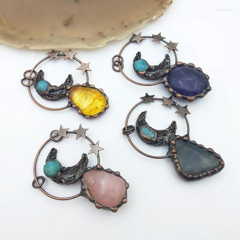 Pendant Necklaces Oval Natural Amethyst Rose Quartz Citrine Bronze Soldered Hook Moon Strars Fashion Design Charms For Wome's Necklace