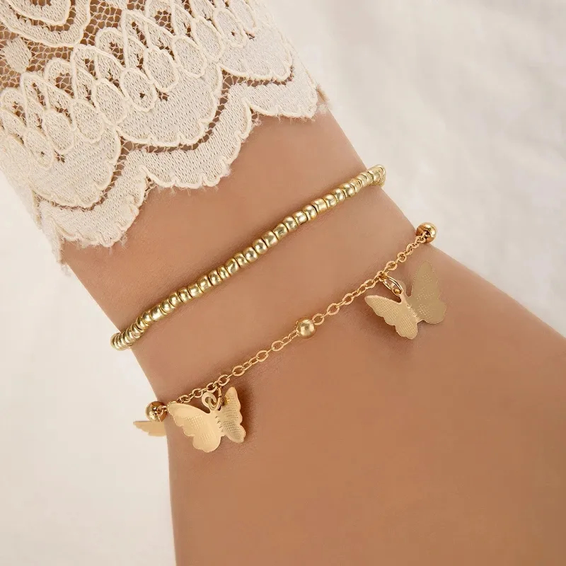 Новые модные браслеты из бисера Золотой цвет симпатичные бабочки с сплавными сплавами металл Регулируемые ювелирные аксессуары 2 шт.