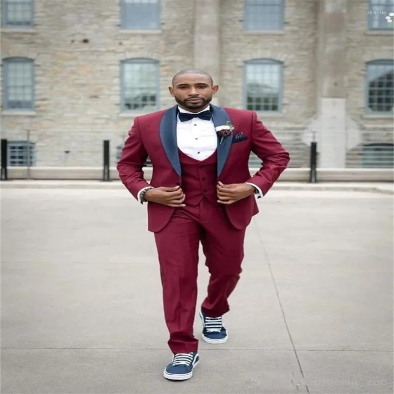 Men's Suits 2023 High Quality Custom Wine Red Men's Suit Groom Tuxedo Wedding Slim Party 3pieces(jacket Pants Vest Bow Tie)