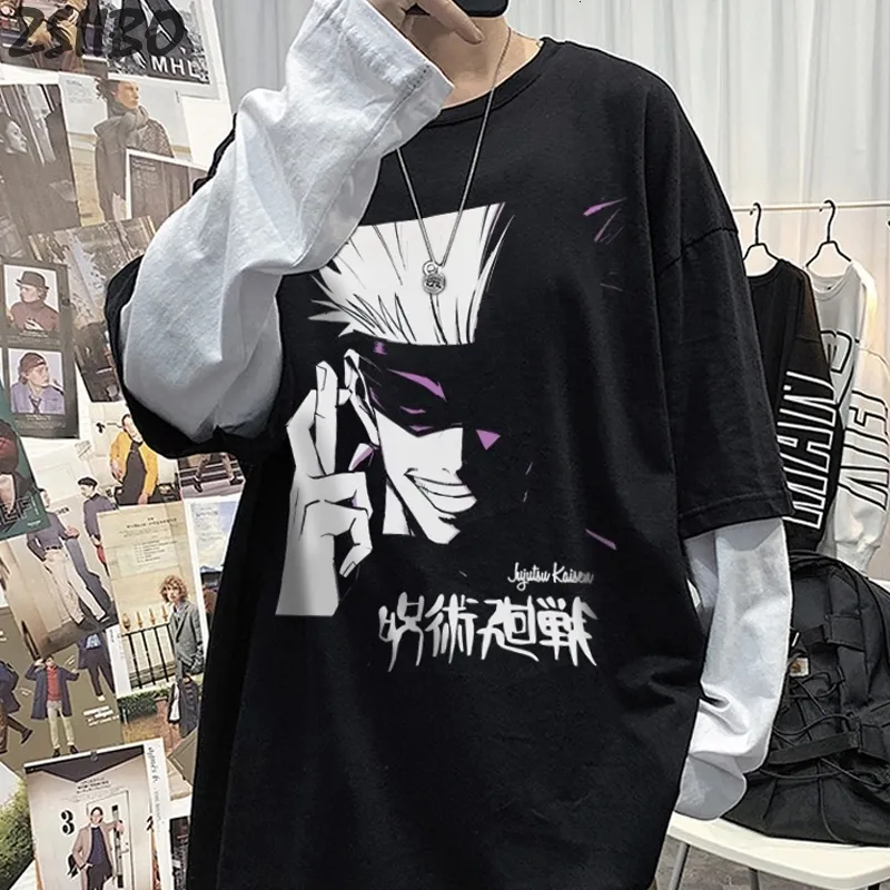 Męskie tshirty anime jujutsu kaisen gojo satoru fałszywy dwuczęściowy tshirt męski yuji itadori drukowana koszulka unisex tshirt długie rękawowe 230317