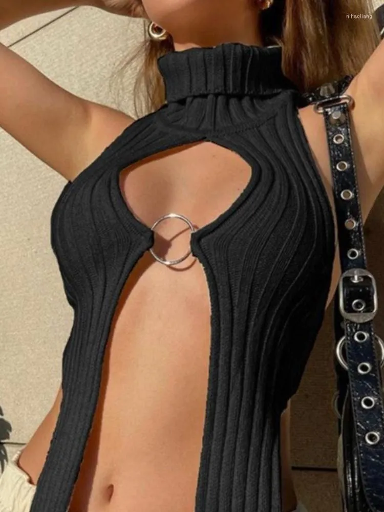 Damestanks Sexy Open Back Halter Neck Tops voor vrouwen gaan uit Club Dragen holle Turtleneck gebreide trui Vest 202