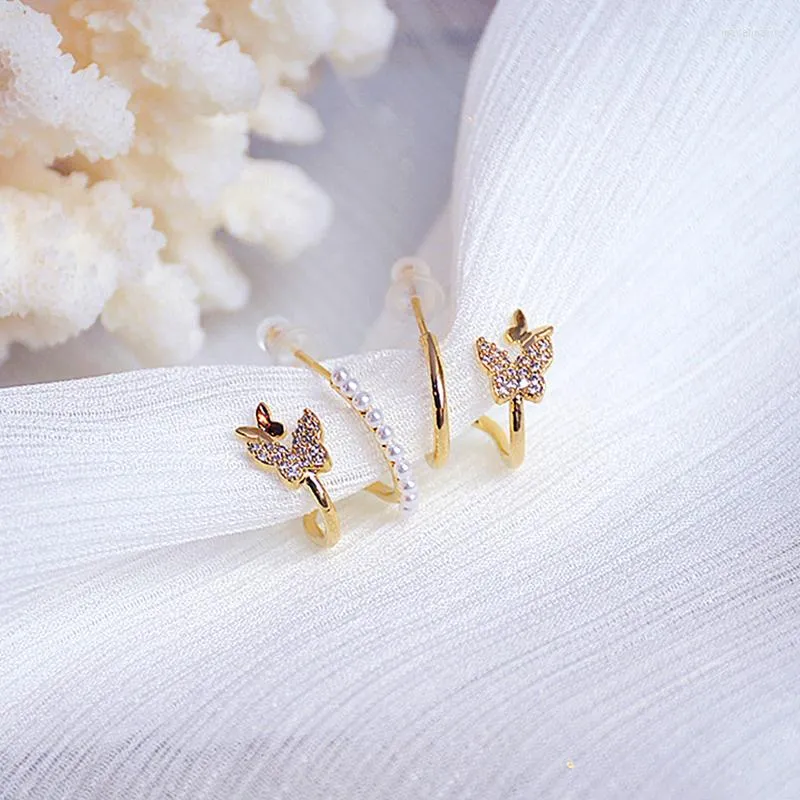 Boucles d'oreilles à la mode 14K véritable plaqué or papillon perle pour femmes fille bijoux Zircon S925 argent aiguille cadeau de fête