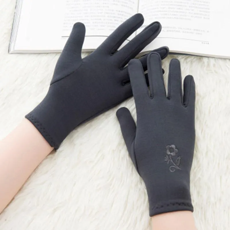 Fem fingrar handskar mode kvinnor vinter varm elastisk körning kvinnlig förtjockar bomull full fingerblomma broderi sammet cykelmantens