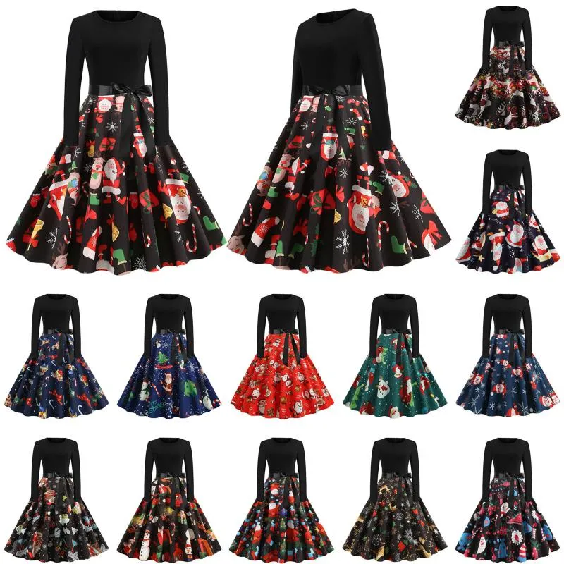 Casual Dresses Christmas Costumes Rave Party Dress Women Robe Long Sleeve Vintage Winter Printed Big Swing Vestidos