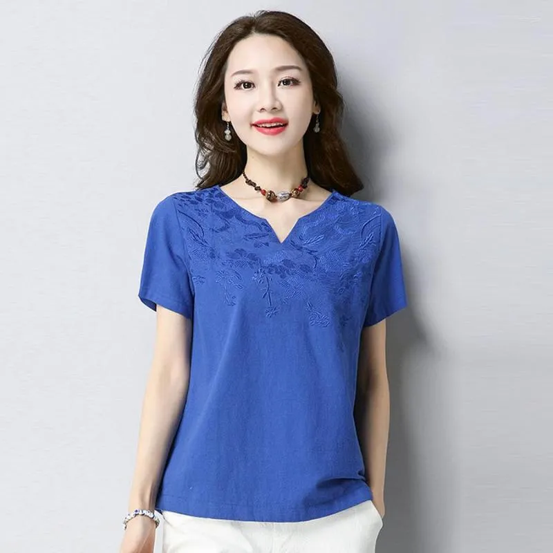 Women's Blouses Summer 2023 Women Ladies Orange Grey Blue Embroidery Loose Linen Blouse Korea Style Slim Woman Embroidered