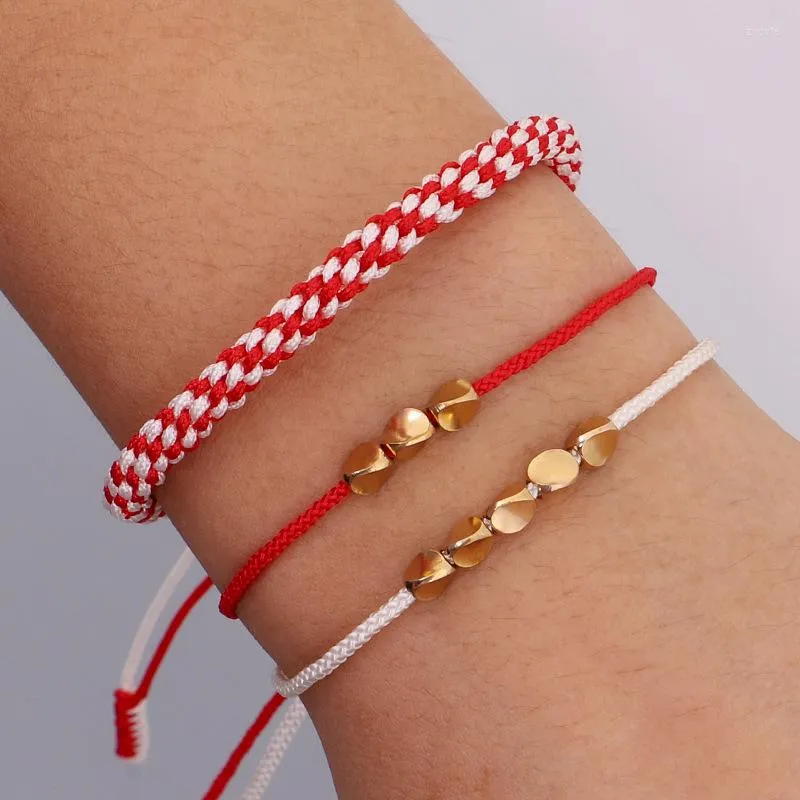 Bracelets porte-bonheur mode 3 pièces combinaison géométrique Bracelet tissé cuivre perle rouge et blanc maïs noeud main ligne