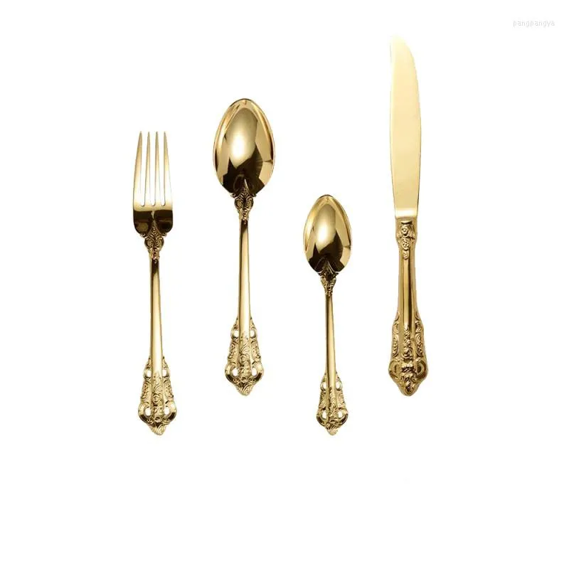 Servis uppsättningar tabellwellware guld bestick set rostfritt stål gyllene vintage gaffel gaffel sked kniv Royal 2023