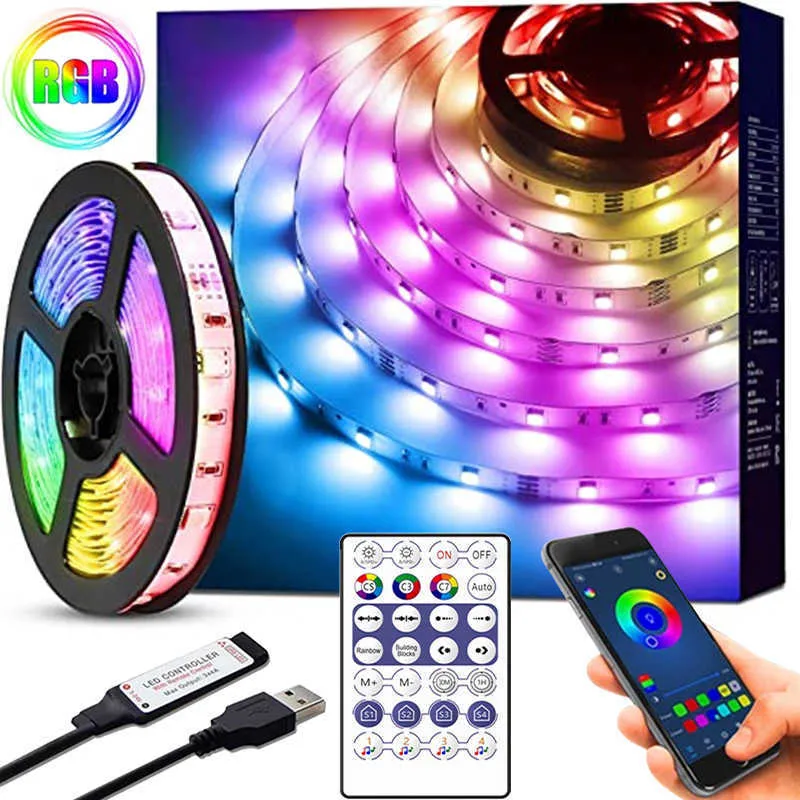 LED 스트립 5m-30m Bluetooth LED 스트립 5050 2835 IP20 RGB 스트립 LED 가벼운 유연한 리본 스트라이프 DC 5V RGB 다이오드 테이프 IR 컨트롤러 어댑터 P230315