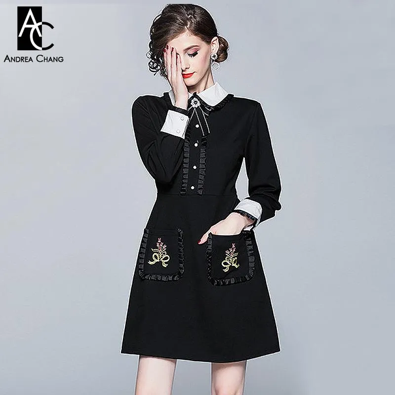 Robes décontractées S-XXL automne hiver femme robe col blanc manchette motif de fleurs poches noir perles arc a-ligne mignon mini