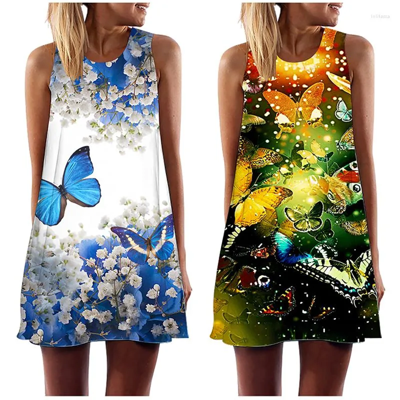 Casual Dresses Summer Dress Loose Sleeveless Butterfly Print A-Line Mini Skirt O-neck Beach Sundress Party Women