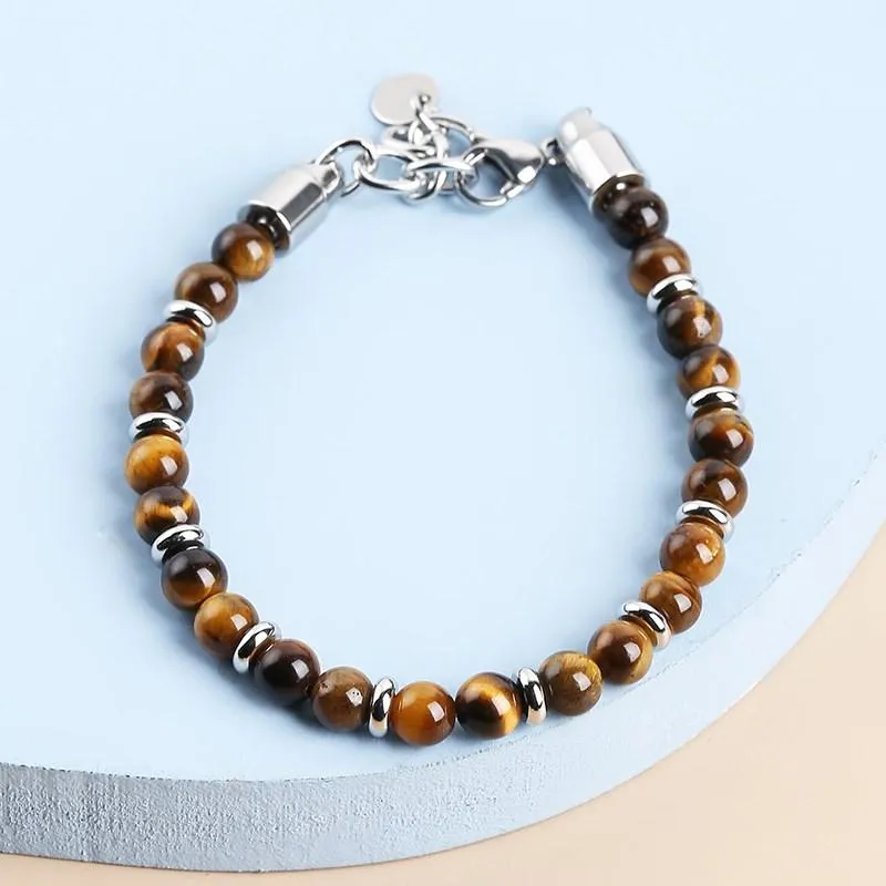 Link Bracelets Chain BETTER 6mm Natural Stone Tiger Eye White Turquoises Bead Bracelet Men Women Cute Rosary Bangles Stainless Steel