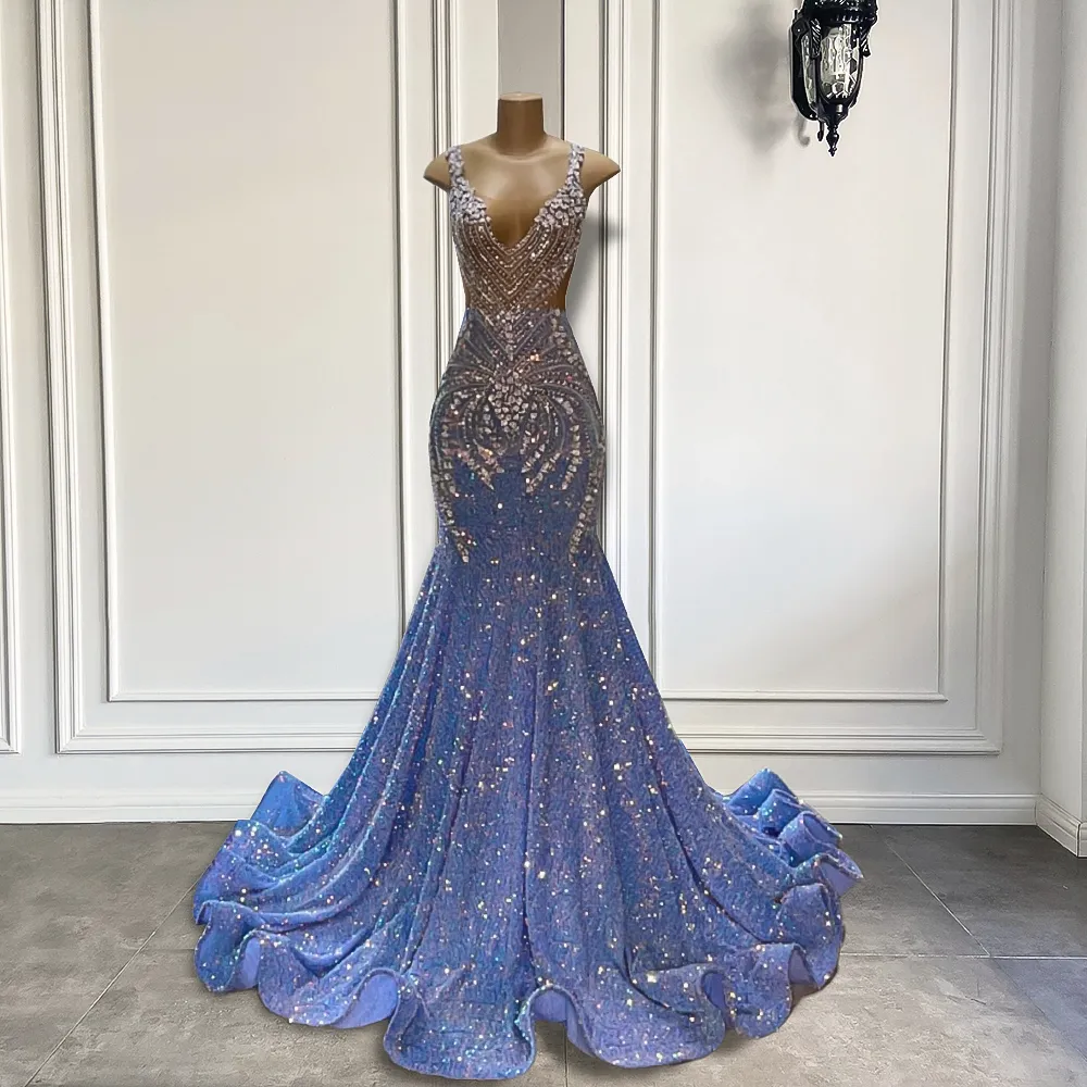 Abito lungo da ballo con scollo a V di lusso 2024 Stile sirena scintillante Cristalli d'argento Azzurro con paillettes Nero Abiti da cerimonia per feste da sera per ragazze Robe De Soiree Personalizzato