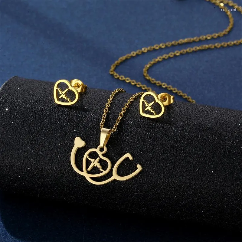 Necklace Earrings Set Punk Stethoscope Heart Beat Necklaces Gold Color Jewelry Wedding Stainless Steel Love Earring For Women Party Gift