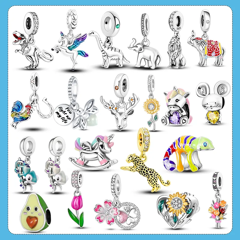 925 Silver Fit Pandora Original Charms Diy подвесные женские браслеты Beads Flower Firefly Chameleon Charms Подвеска