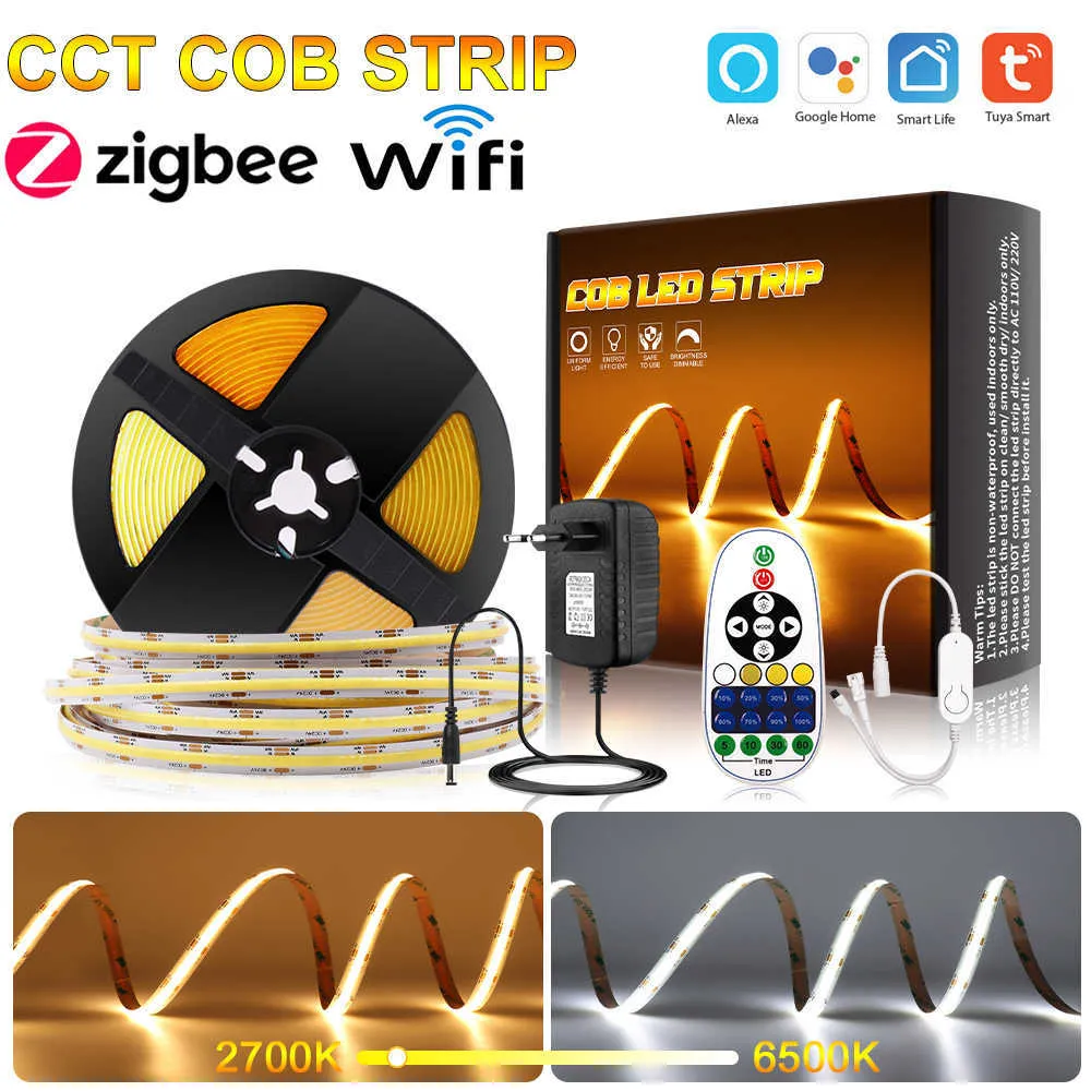 Светодиодные полоски Tuya Alexa CCT Bicolor Cob Led Strip Strip Lights Hight Highble Dimbible For House Corement Lights Wi -Fi Zigbee Smart Home P230315