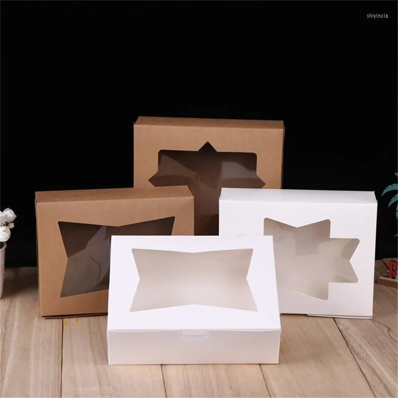 Presentförpackning 100 st/parti vit brun kraft papperslåda med kreativ fönsterkartongförpackning cookie macaron bröllopslådor