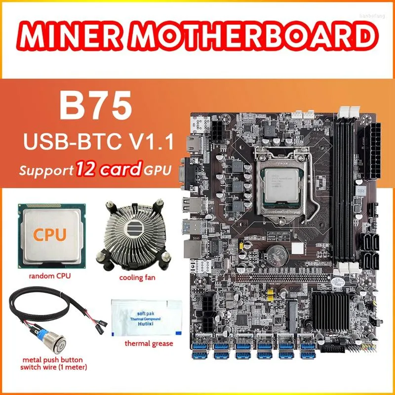 اللوحات الأم -B75 12 بطاقة BTC Mining Motherboard Mother CPU مروحة الشحوم الحرارية الكبل تبديل زر التبديل 12USB3.0 فتحة LGA1155 DDR3 RAM MSATA