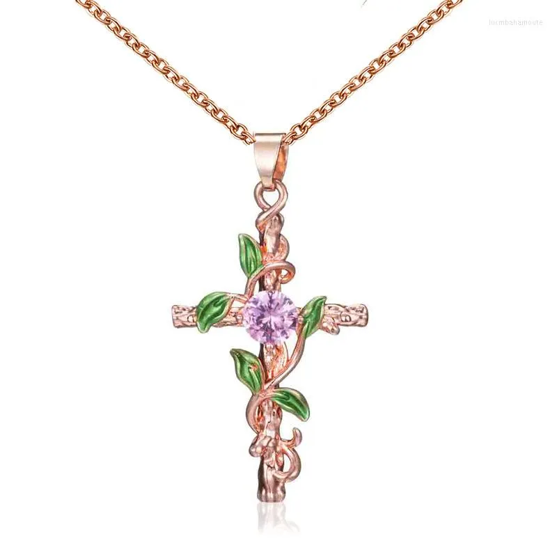 Collane con ciondolo Trendy Vine Climber Leaves Collana con croce di strass per donna Gioielli con catena girocollo color oro rosa