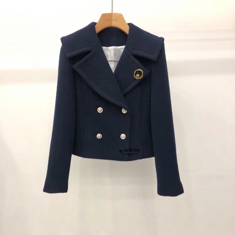 Women turn down collar navy blue color woolen thicking double breasted short coat desinger jackets SMLXLXXL