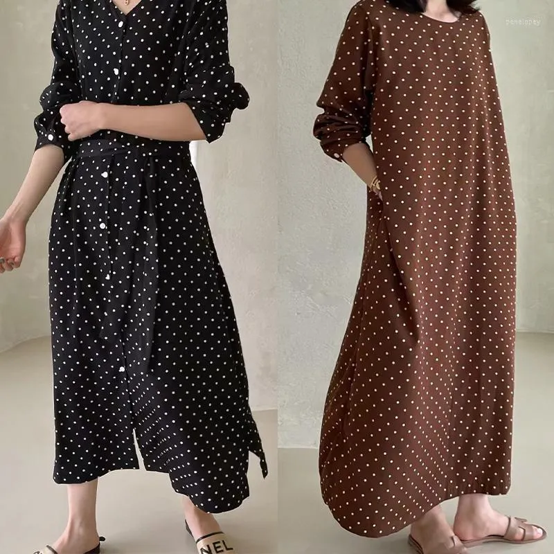 Casual Dresses Korean Chic Autumn Elegant V-hals Front and Back Two-Piece Single-Breasted Tie Midjan Långärmad polka Dot Dress