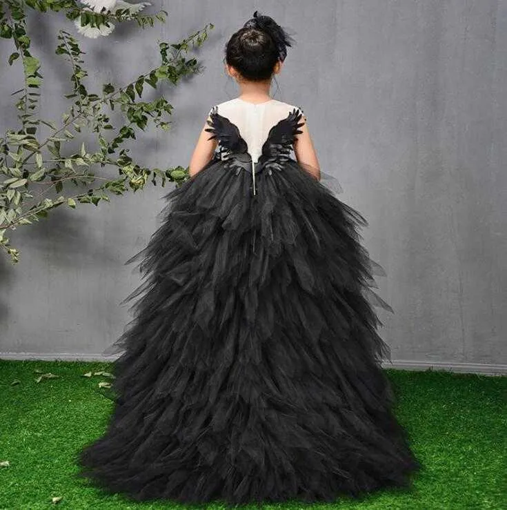 Flickans klänningar Swan Crystal Tulle släp Flower Girl Dresses Ball Gown Kids Pageant Dress Birthday Party High-End Feather Princess Dresses