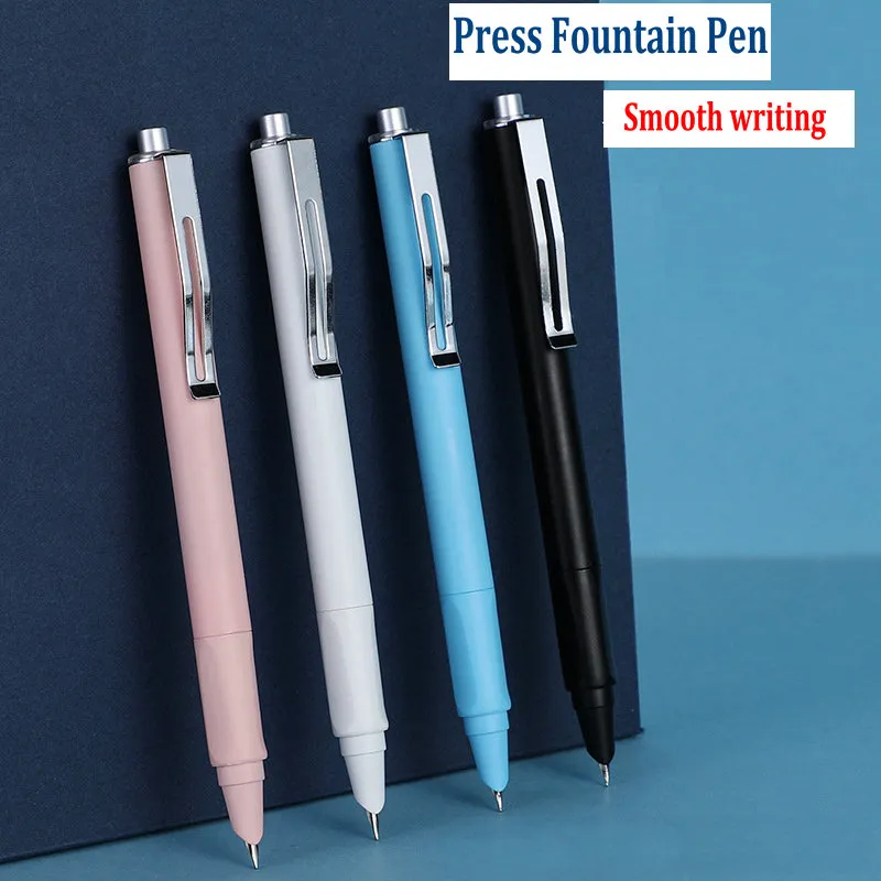 Solid Plastic Nib Hidden Press Fountain Pen with Metal Clip Student Practice Writing Smooth Nurse Interchangeable Cartridges Ink Retractable Calligraphy Pens