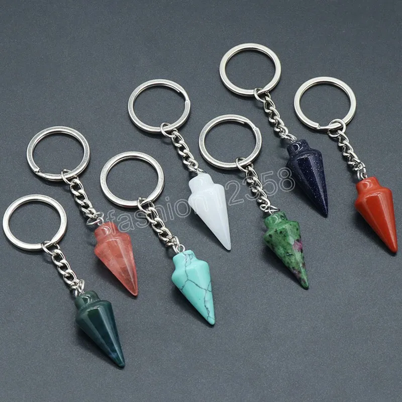 Natural Crystal Stone Keychain Stainless Steel Crystal KeyChain Handbag Decor Keychain Cone Pendant Accessory