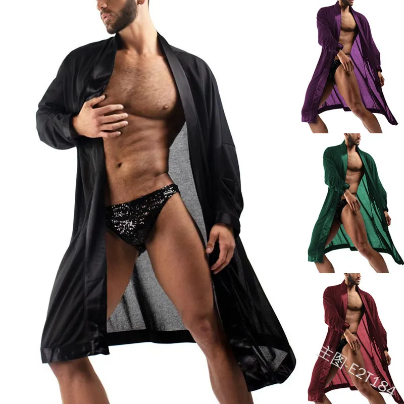Heren gewaden Europese en Amerikaanse vaste kleur Lange mouwen Long-mouwen Cardigan Midden-Lange Sexy Night-Robe Pyjama's Mens Robe 230320