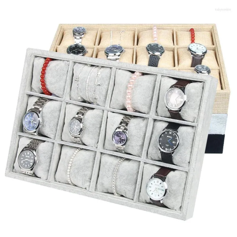Jewelry Pouches Velvet/Linen 12 Grids Watch Bracelet Display Storage Tray Pillow Headdress Organizer