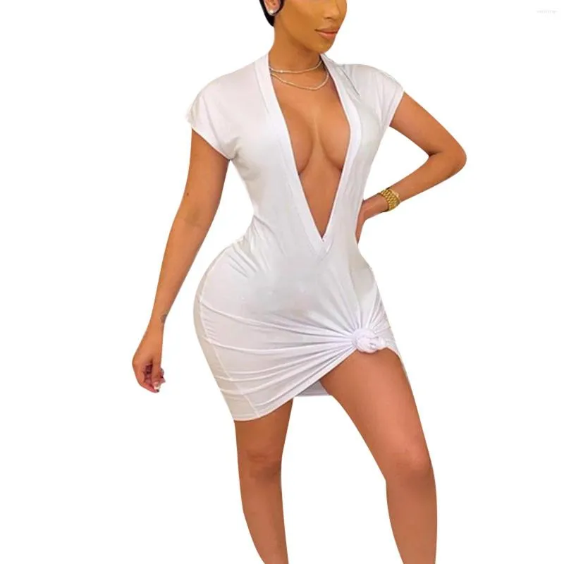 Party Dresses Solid Color Deep V neck Sexy Fashion Style Unique Comfortable Short Sleeve Dress Black Khaki White